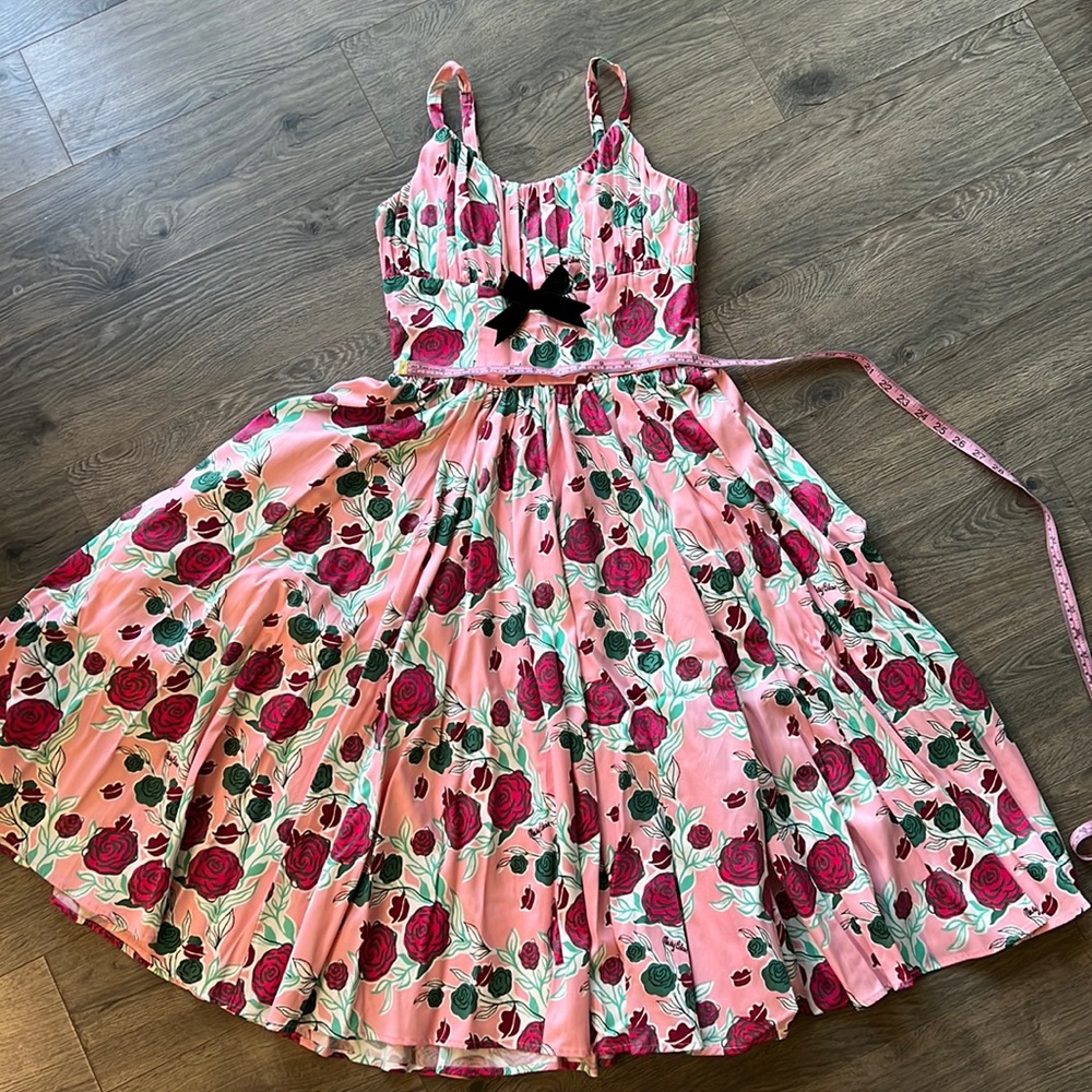 Pinup couture Mary Blair pink roses dress.